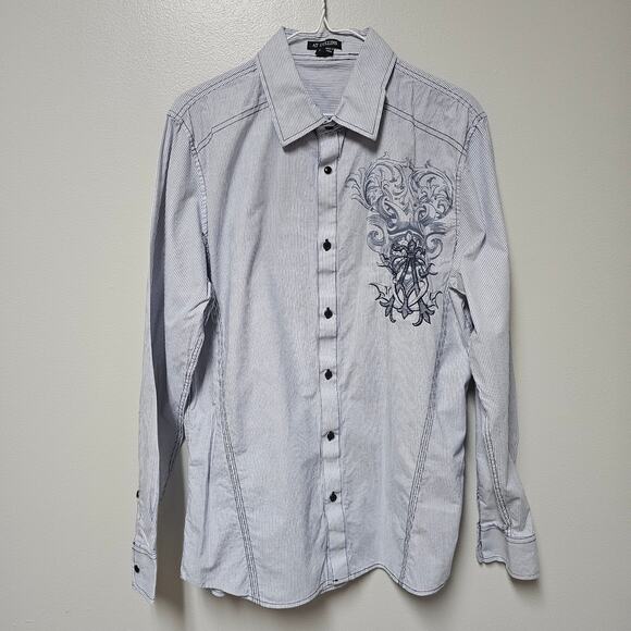 AT Collins Men's White/Gray Cotton Stripe Embroidered Button Up Shirt Size Large - Picture 1 of 8
